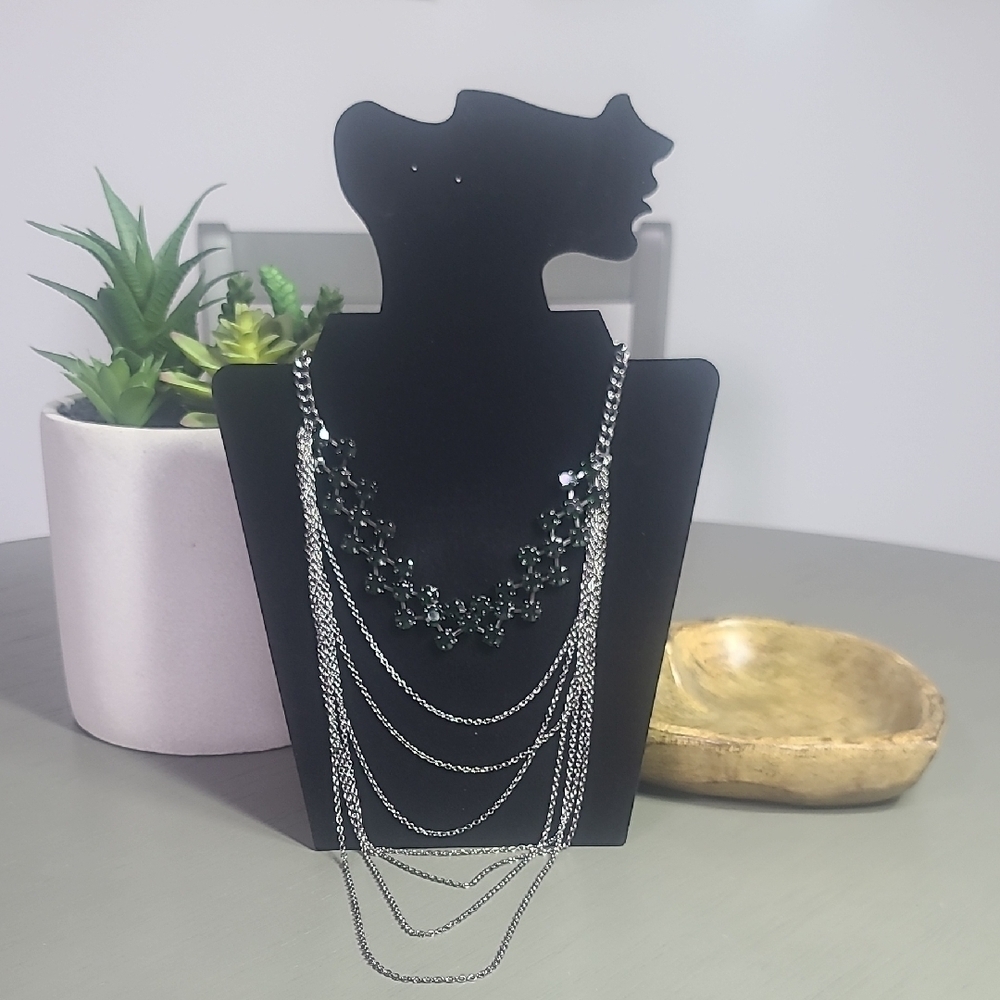 Steve Madden Gun Metal Gray With Deep Green Rhinestones Necklace